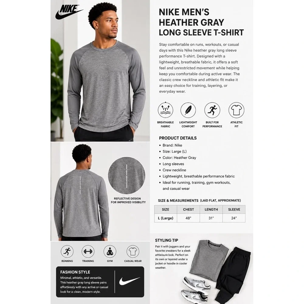 SIZE L- NIKE MEN'S HEATHER GRAY RAGLAN  LONG SLEEVE PERFORMANCE T-SHIRT